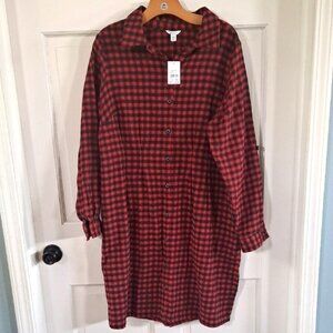 NWT Flannel Cato Cotton Red Blk Plaid Button Front Shirt Dress Pockets Cozy Warm